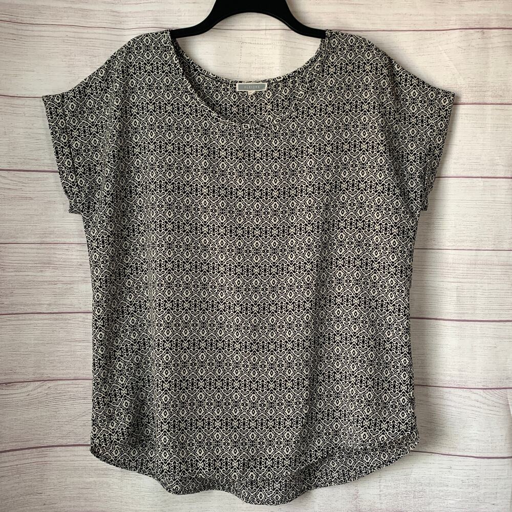 Pleione Black Off-White Geometric Blouse Short Sleeves Size L